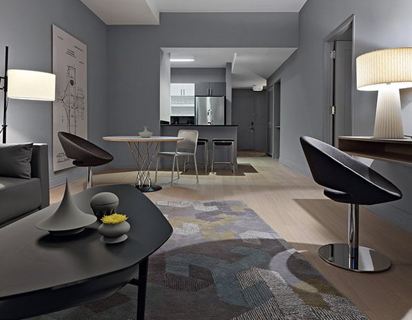 Q&A Residential Hotel Living Room and Kitchen