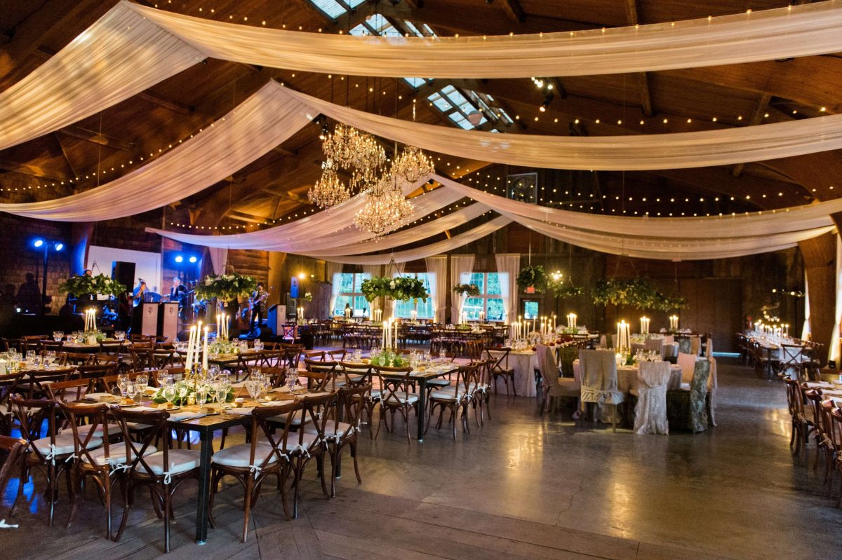 Shop Upstate NY Wedding Stephanie Karvellas Reception Tables Drapes