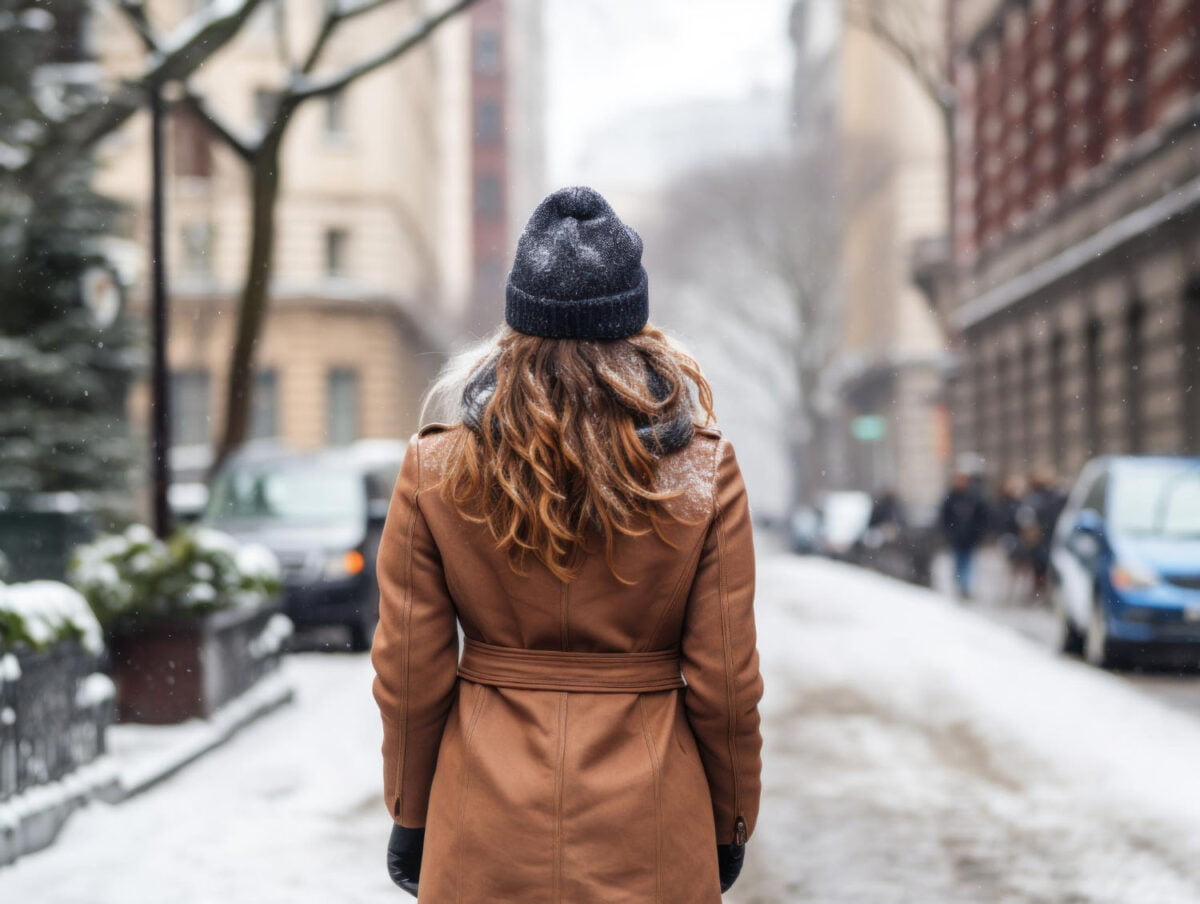 woman with her back to the camera, standing in the middle of the street in NYC while it's snowing