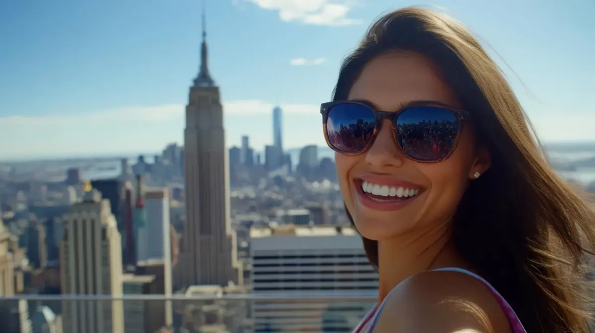 woman with sunglasses in New York with Empire State Building in the back