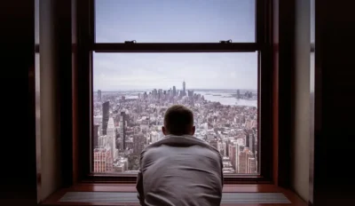 Man looking out of window from a Manhattan residential building