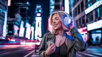 A woman with headphones in a New York city and enjoying