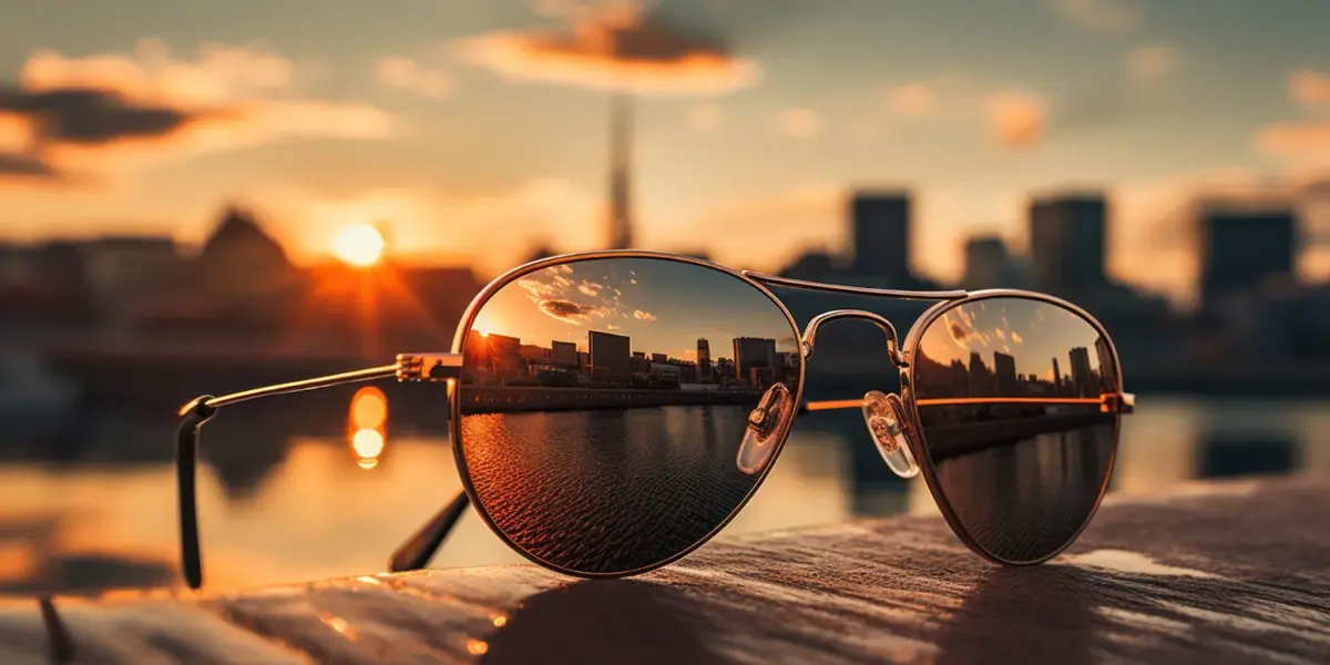 Ray-Ban sunglasses with sunset view reflecting city skyline