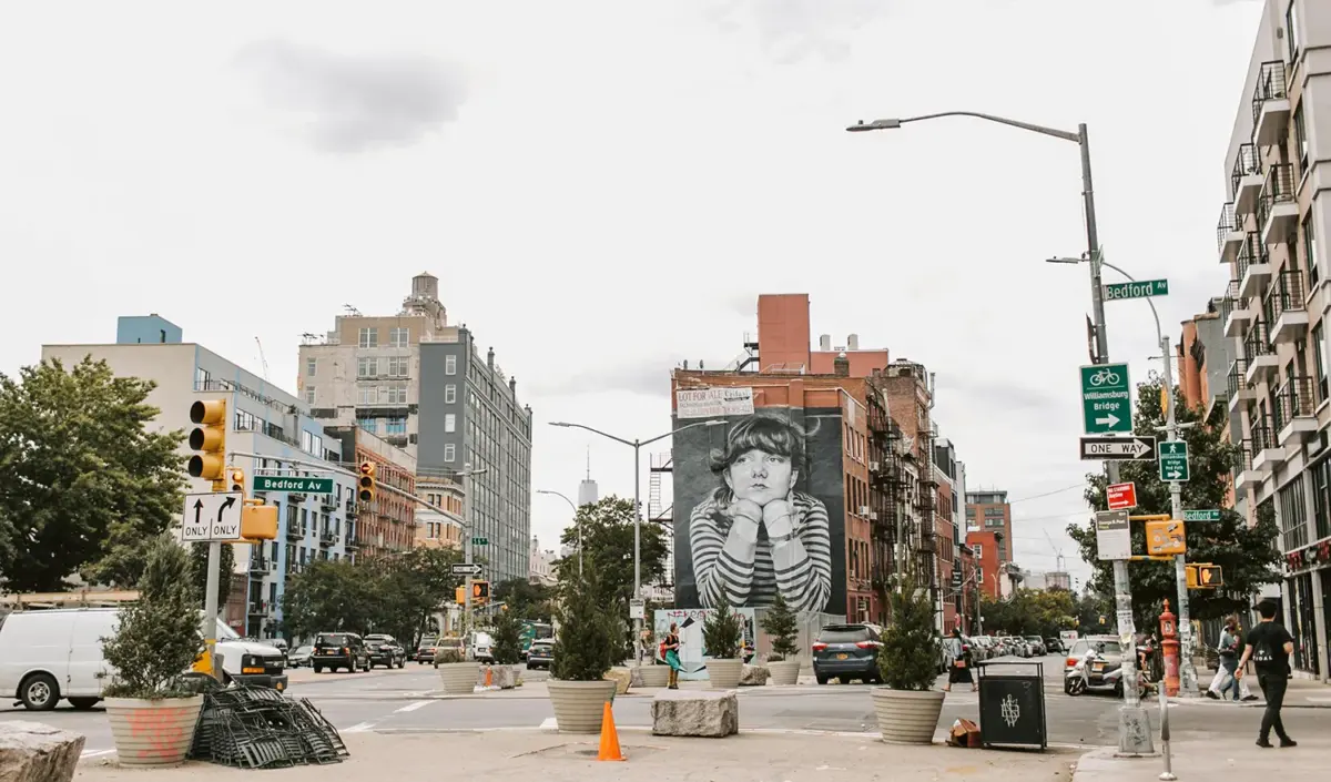 Grand Street in the neighborhood of Williamsburg, Brooklyn, New York